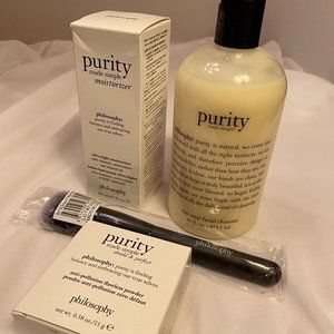 PHILOSOPHY PURITY MADE SIMPLE SET (4pc)-CLEANSER-MOISTURIZER-POWDER-BRUSH-NEW